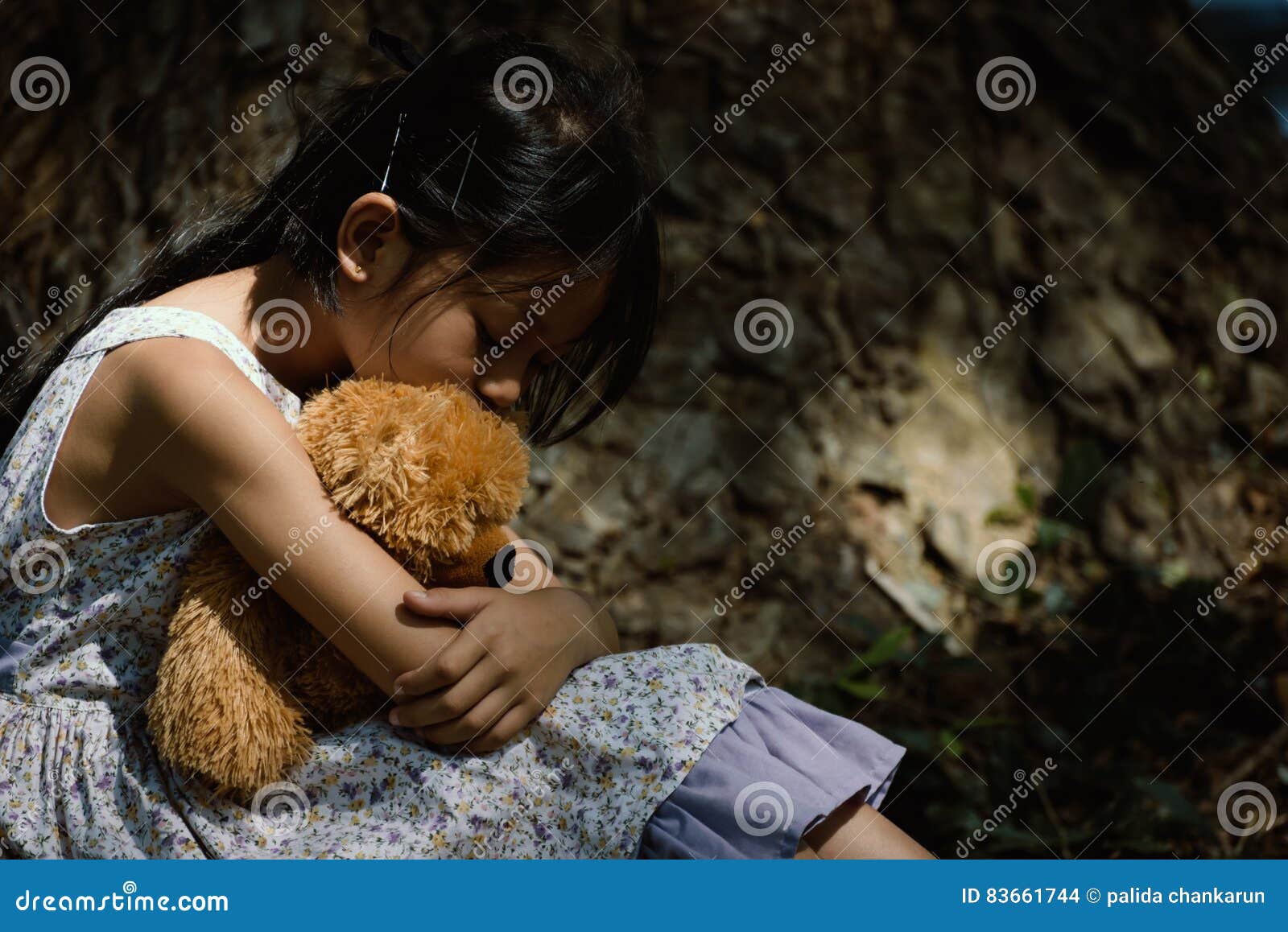 Adorable Sad Girl with Teddy Bear in Park, Little Girl is Hugging ...