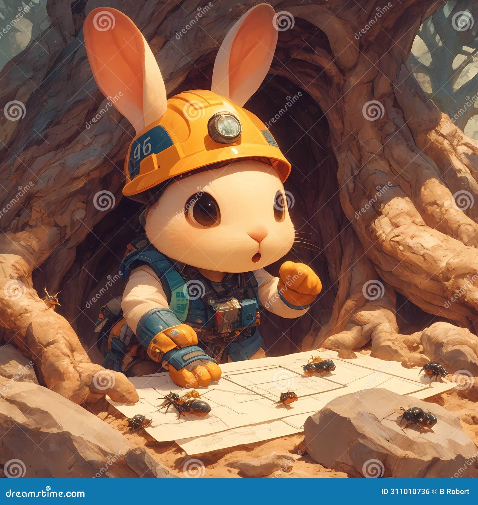 adorable safety bunny: a cute rabbit wearing a tiny hard hat & vest
