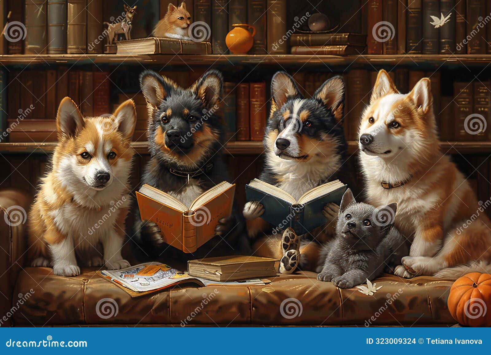 cute dogs enjoying books in a library.