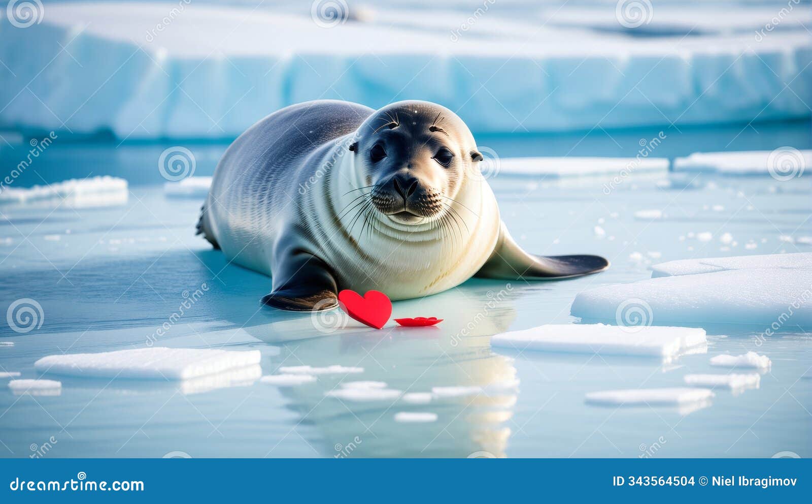 adorable seal with red heart on ice in arctic setting