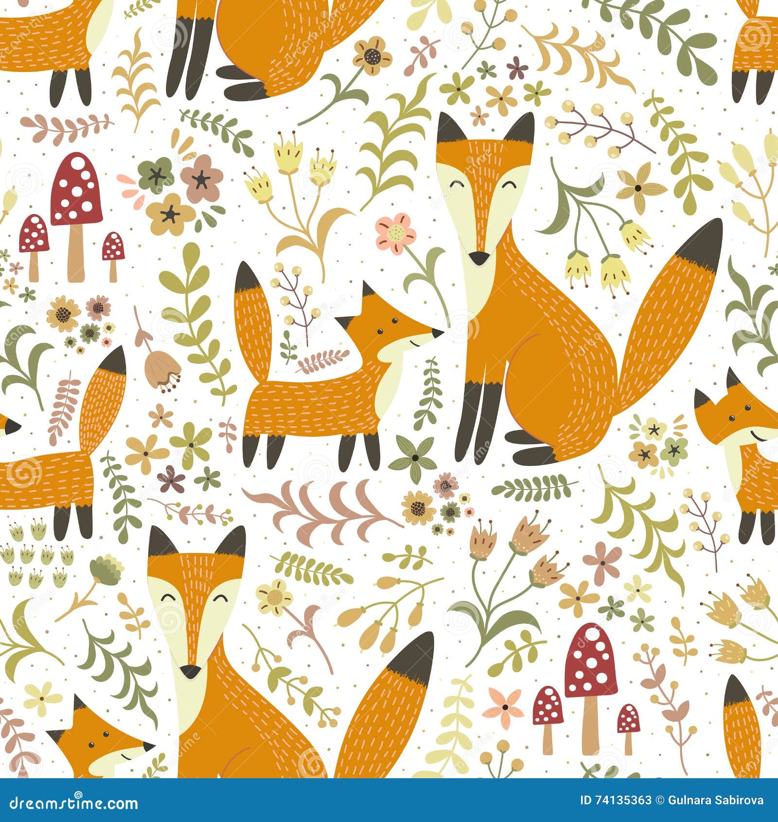 Adorable Seamless Pattern with Cute Foxes - Mother Fox and Her Baby ...