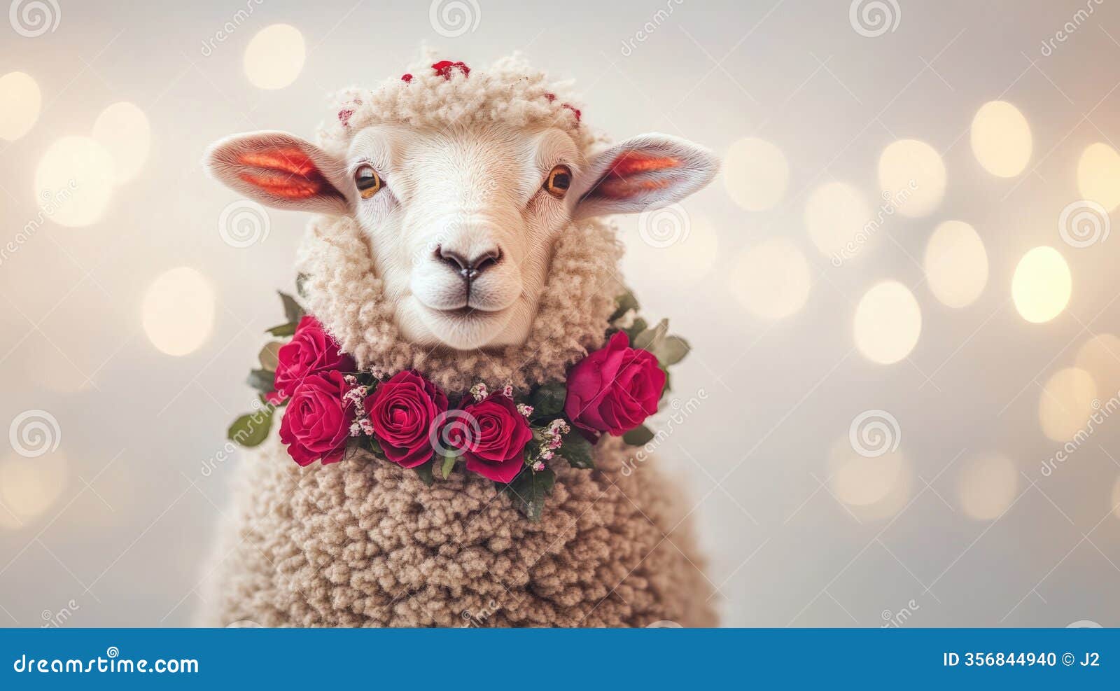 adorable sheep wearing floral garland with soft bokeh background. the 14th of february. happy valentine's day