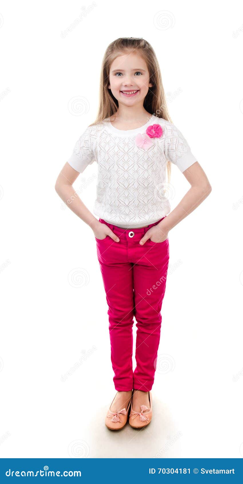 Adorable Smiling Little Girl in Pink Jeans Isolated Stock Image - Image ...