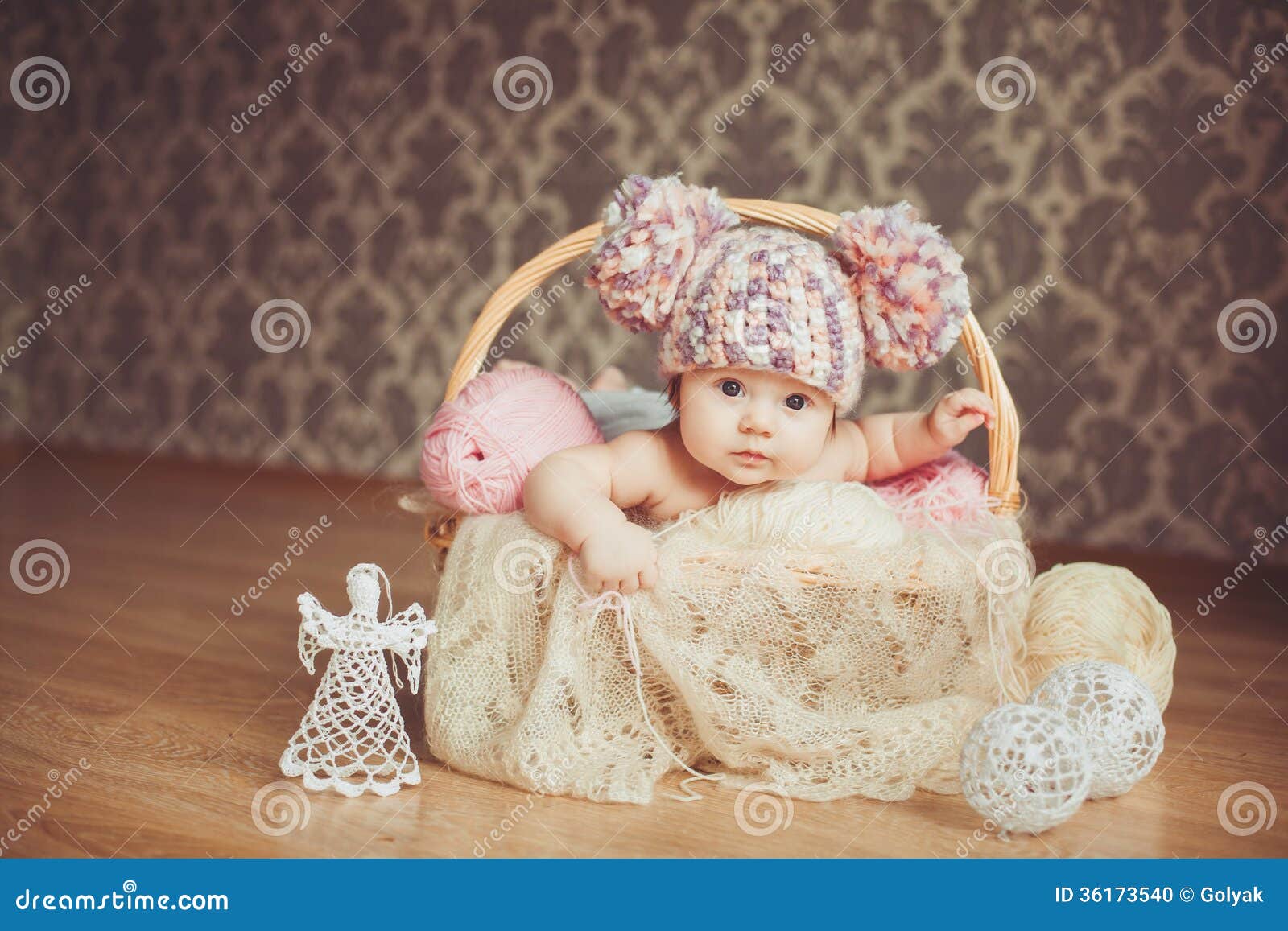 Adorable Smiling Newborn Baby Girl Lies in Basket Stock Photo ...