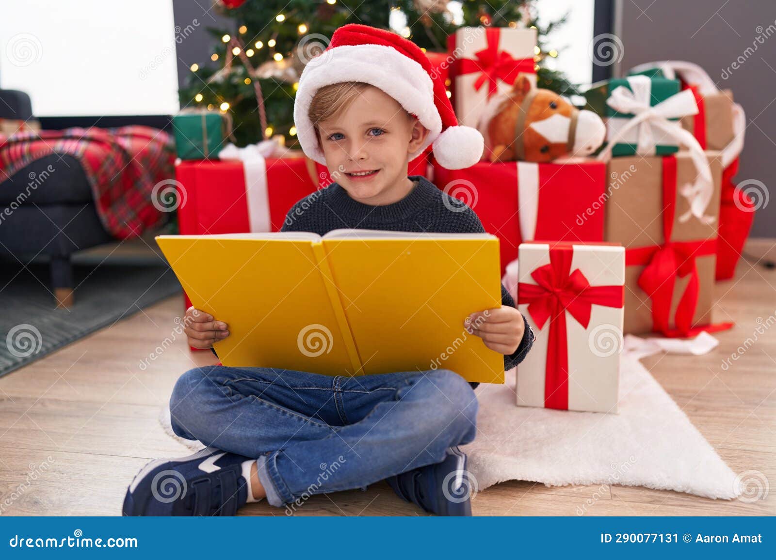 Adorable Toddler Reading Book Sitting by Christmas Tree at Home Stock Image Image of confident