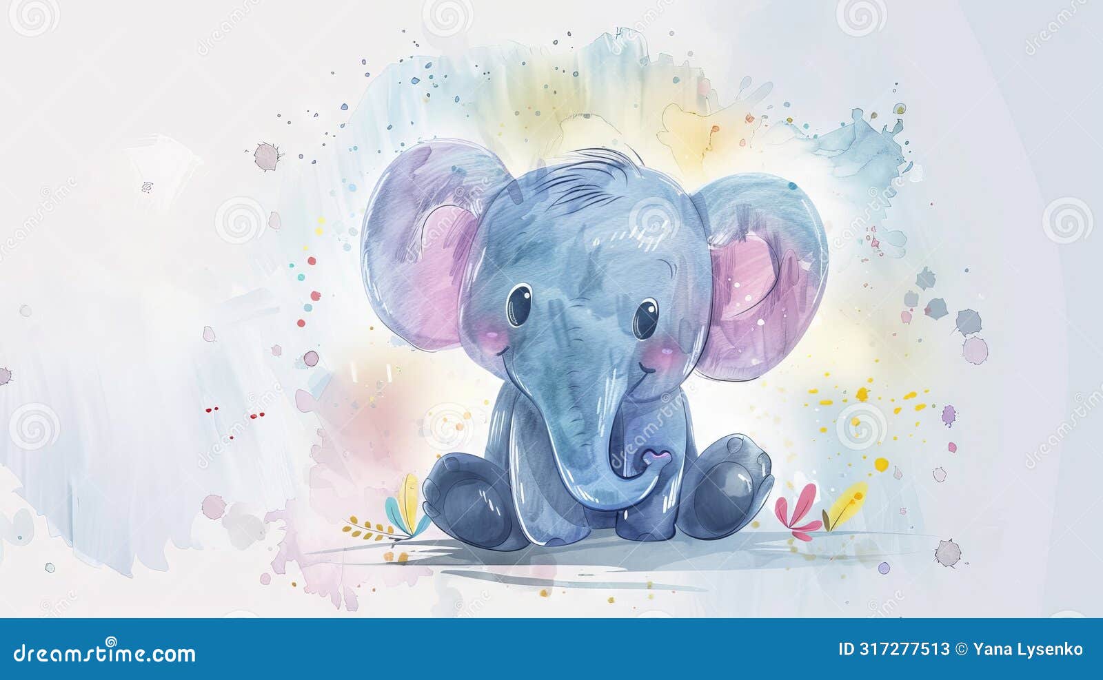 adorable watercolor baby elephant on colorful abstract background. playful elephant in splash of colors. concept of