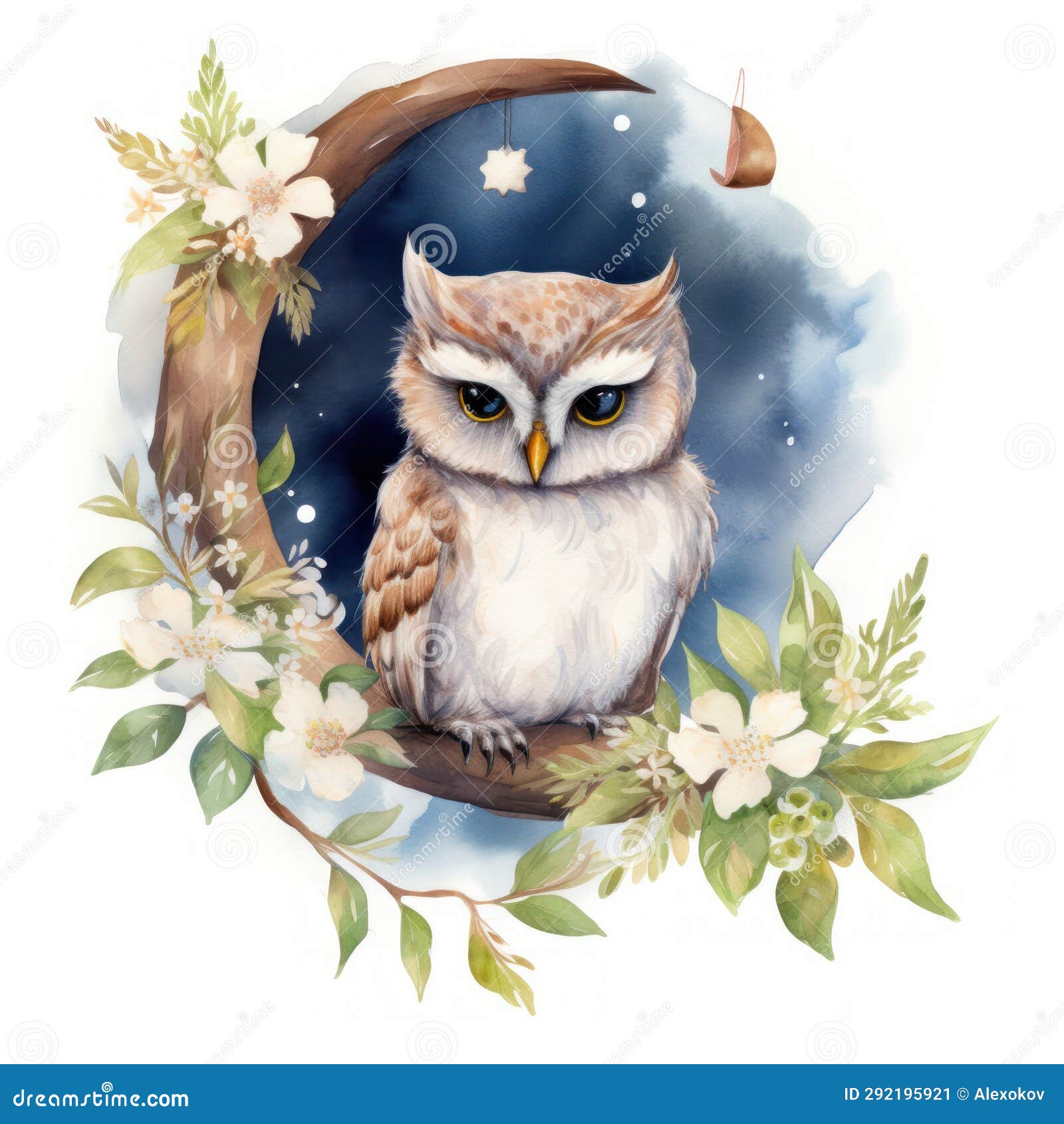 adorable watercolor owlet perched amidst nightblooming jasmine ai generated