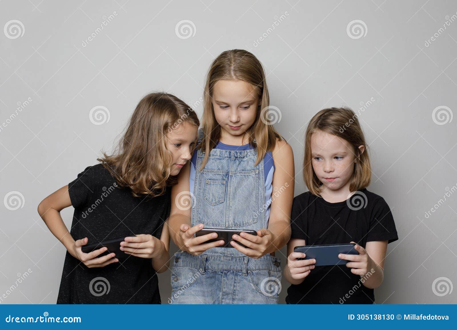 Adorable Young Girl Kid Friends Using Smartphone, Portrait. Little ...