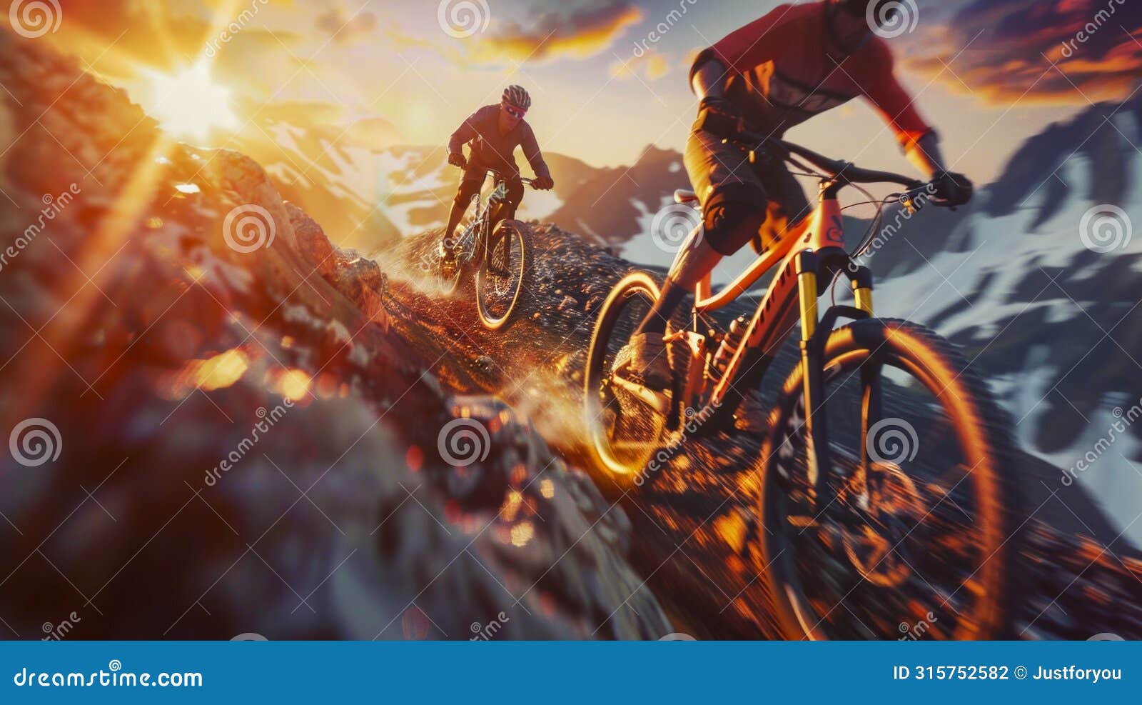 adrenaline-fueled mountain biking on a rugged alpine trail at sunset. generative ai
