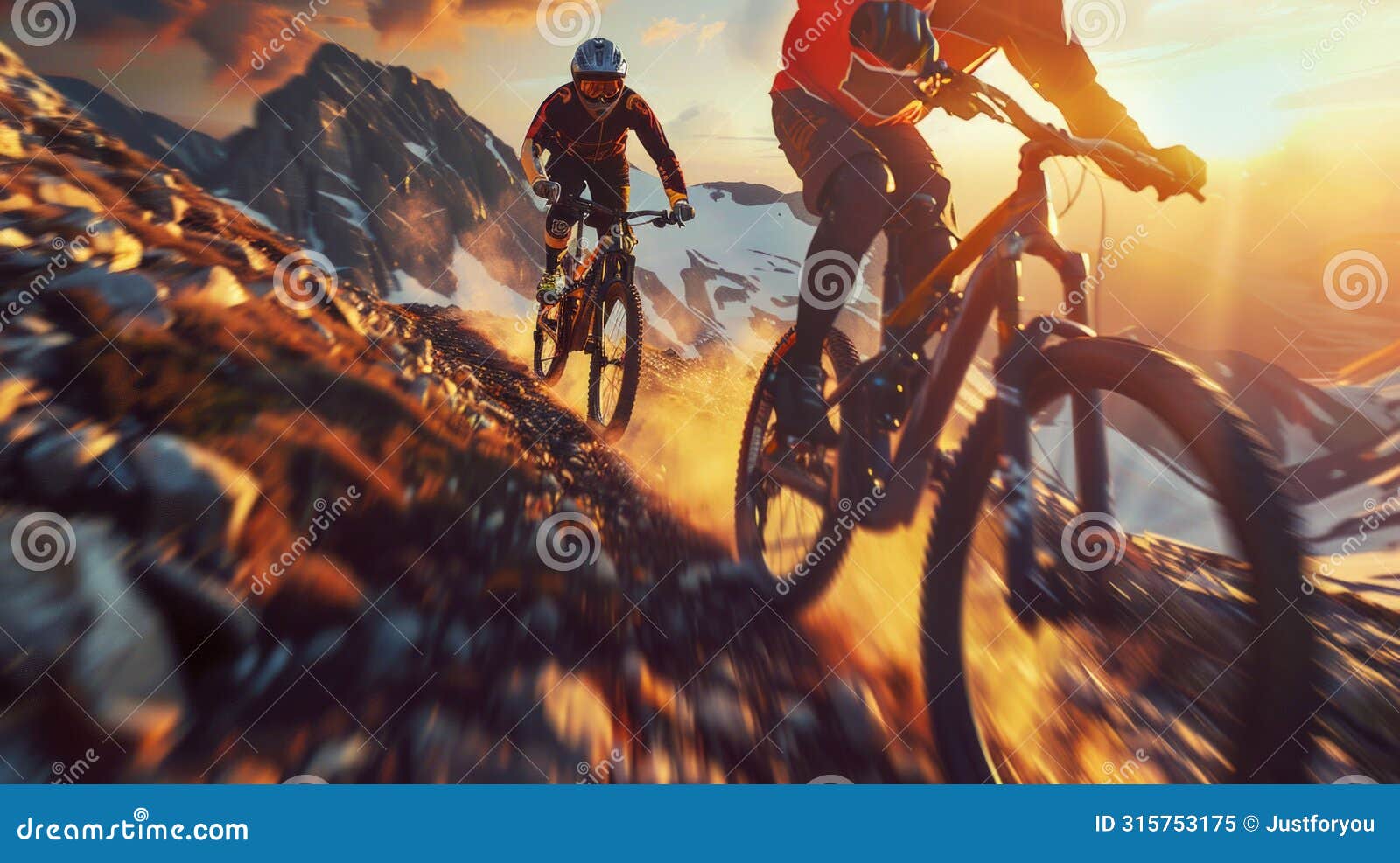 adrenaline-fueled mountain biking on a rugged alpine trail at sunset. generative ai