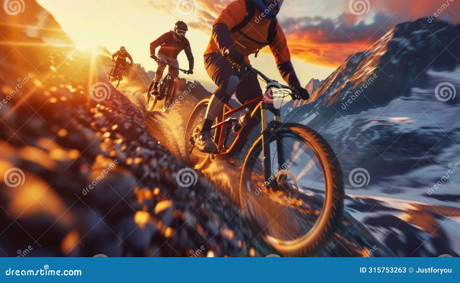 adrenaline-fueled mountain biking on a rugged alpine trail at sunset. generative ai