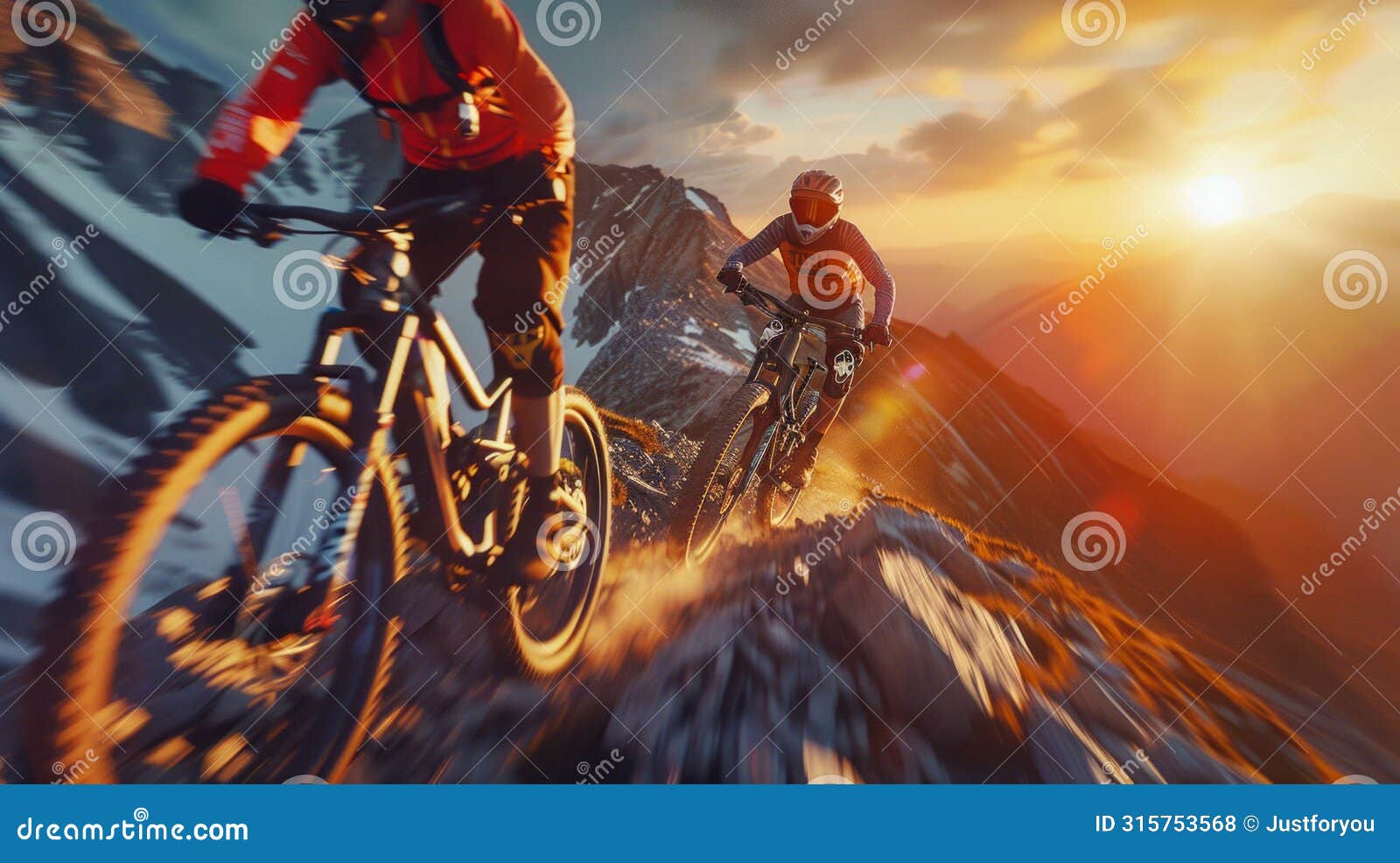 adrenaline-fueled mountain biking on a rugged alpine trail at sunset. generative ai