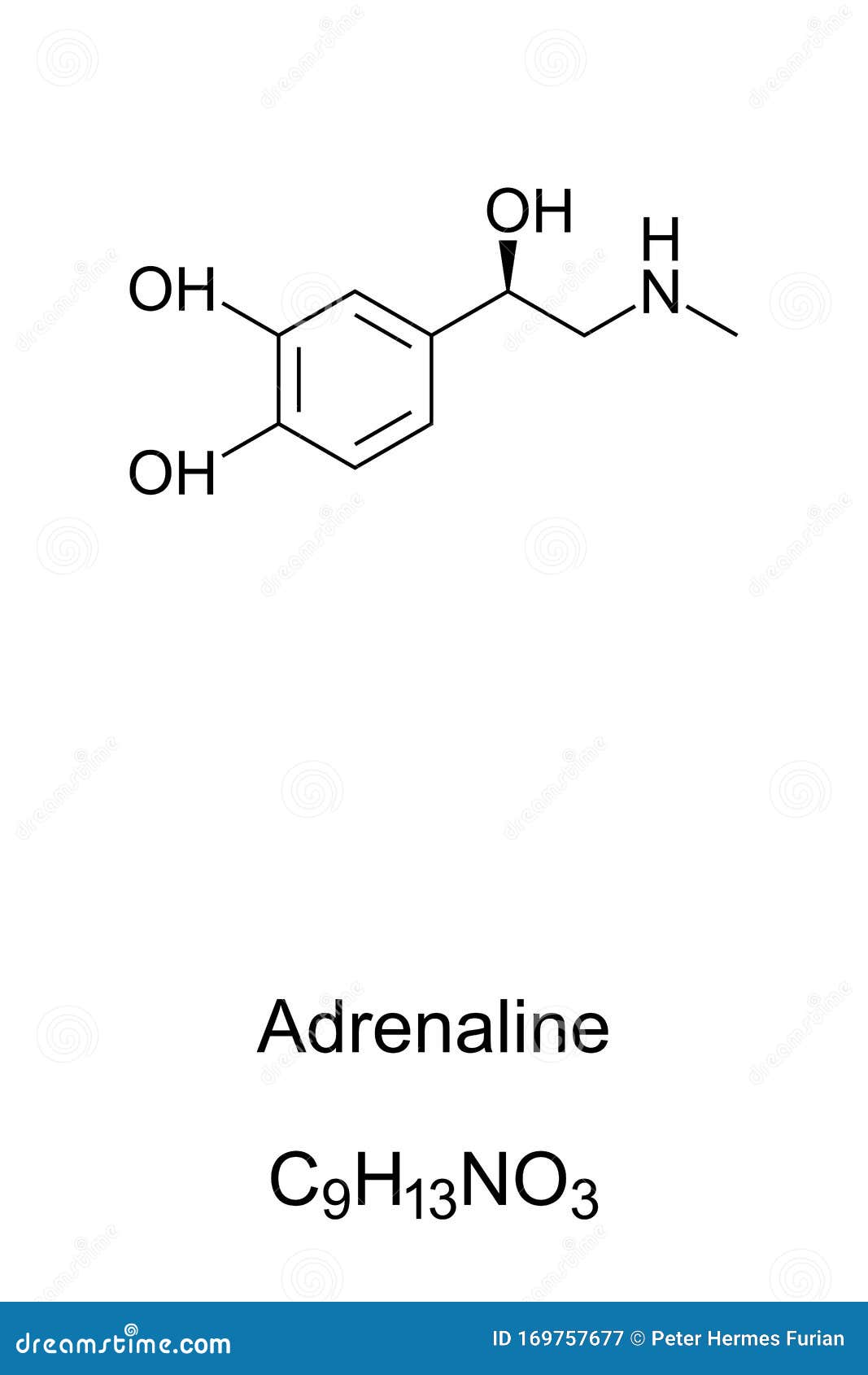 adrenaline molecule, epinephrine skeletal formula