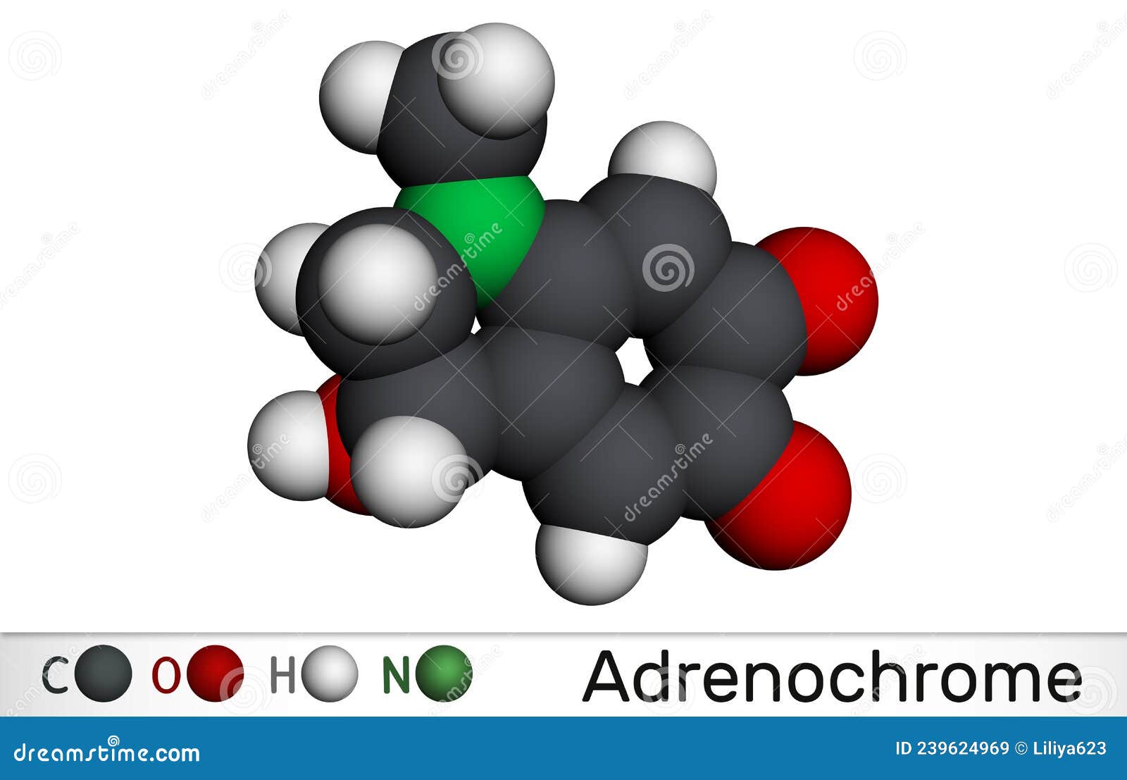 adrenochrome, adraxone molecule. it is produced by the oxidation of adrenaline. molecular model. 3d rendering