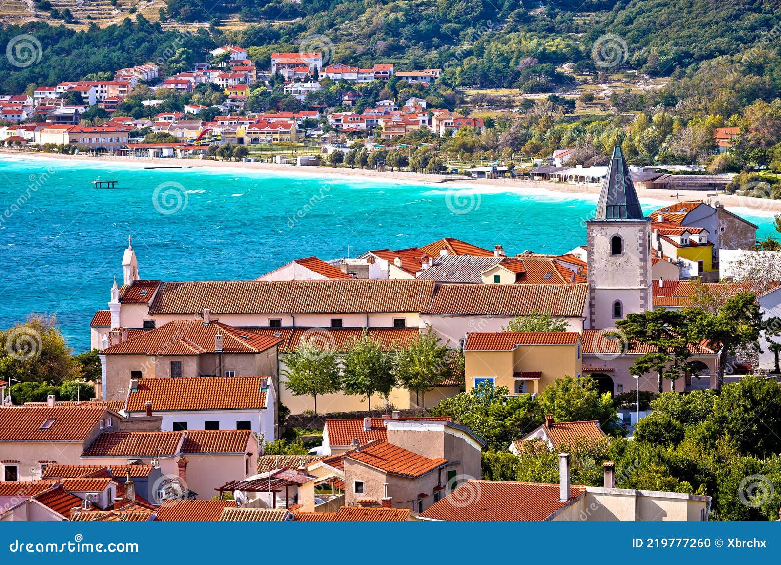 adriatic town of baska idyllic landscape view from the hill