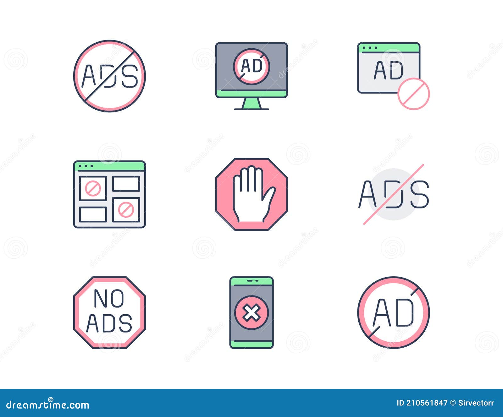 ads block line icons.   with minimal icon - website adblock, anti spam digital shield, banner