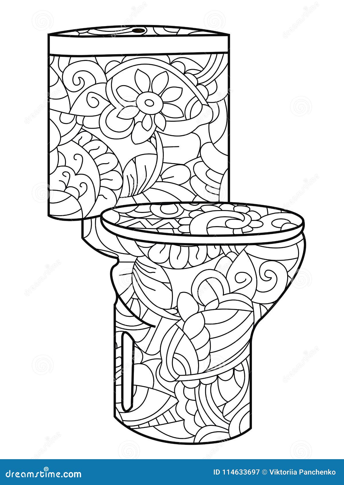 adult antistress coloring flush toilet pattern, astrakhan.  of black lines doodle, white background