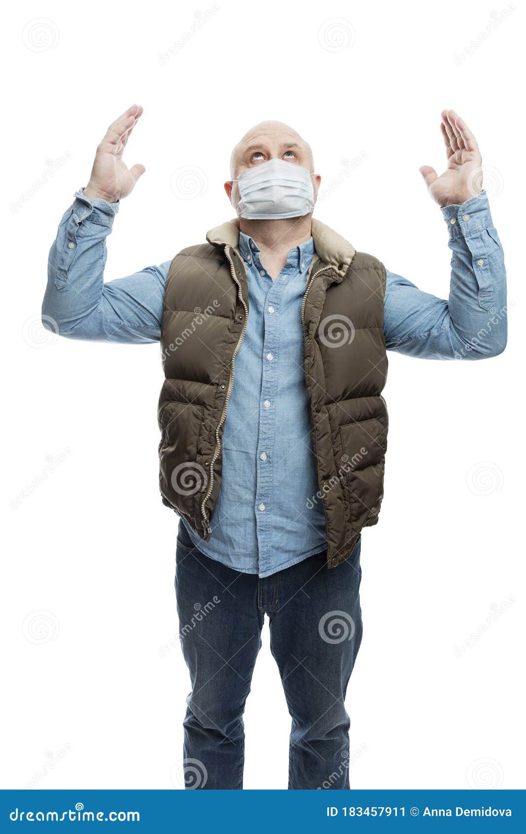 Adult Bald Man in a Medical Mask Raised His Hands Up in Prayer. the ...