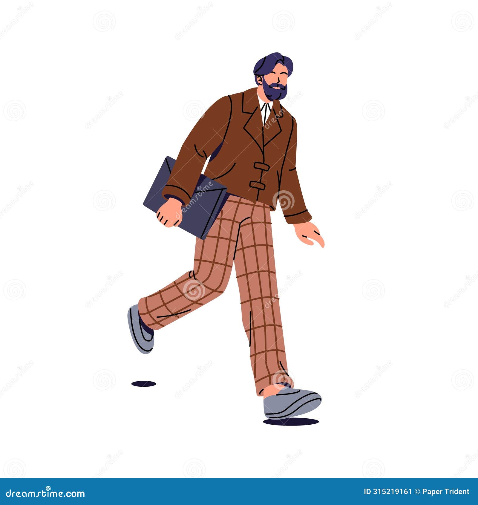 adult bearded man hurry, goes. oldfashioned professor of university carries documents. school teacher in checkered
