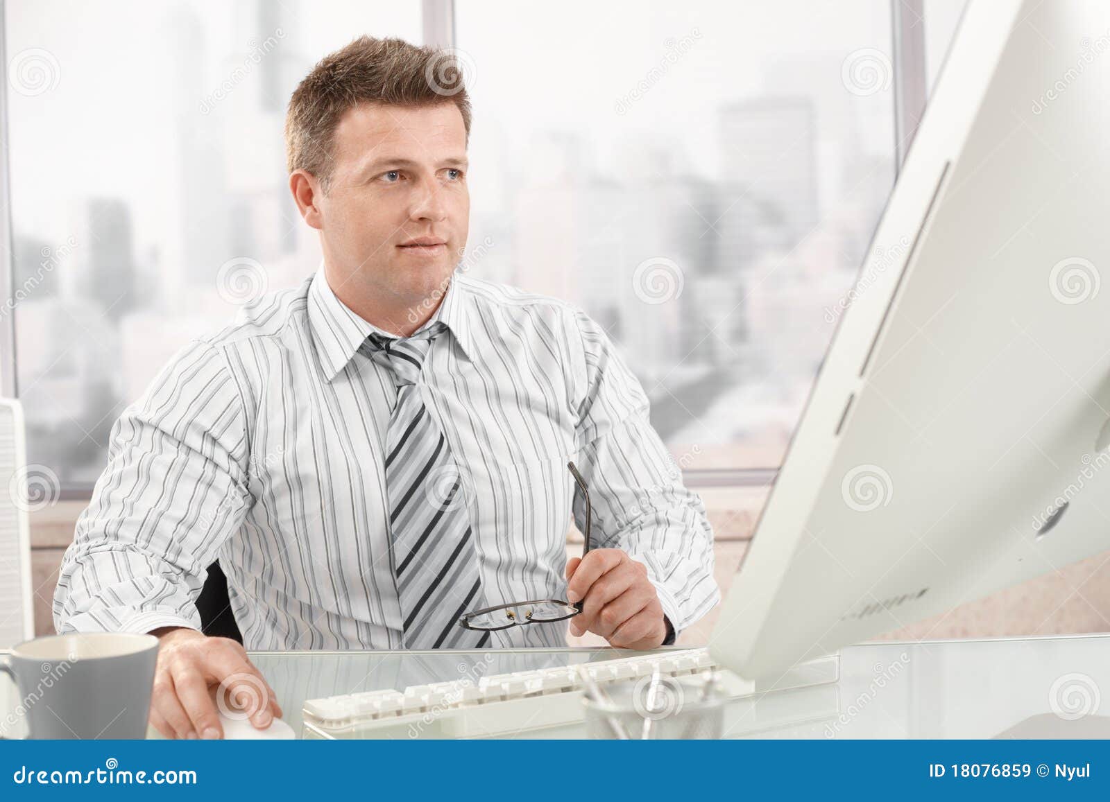 Adult businessman mid work. Adult businessman computer mid office sitting using work