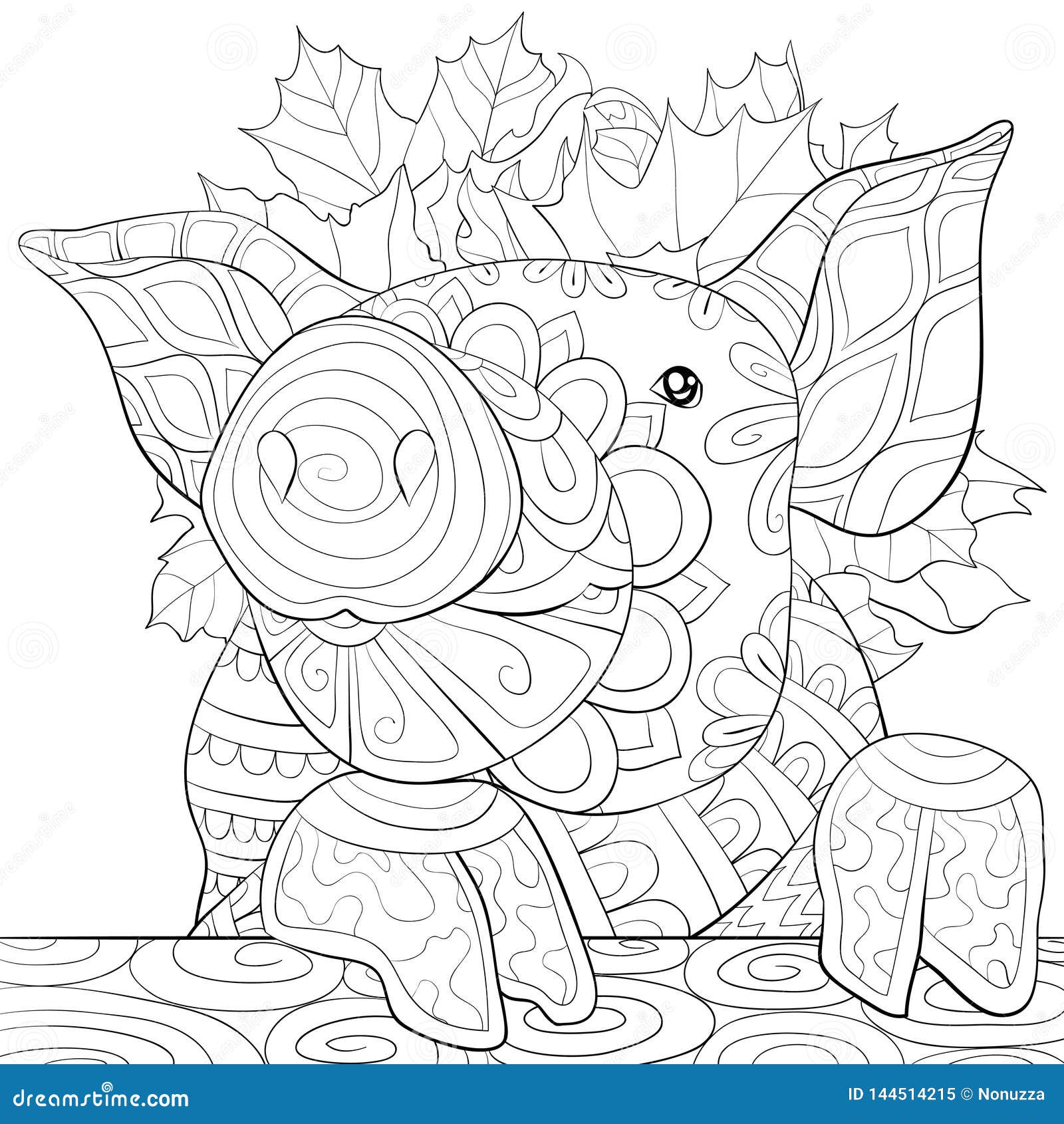 Download Adult Coloring Book Page A Cute Pig Wearin A Crown Of Leaves With Ornaments Image For Relaxing Zen Art Style Illustration Stock Vector Illustration Of Nature Outline 144514215