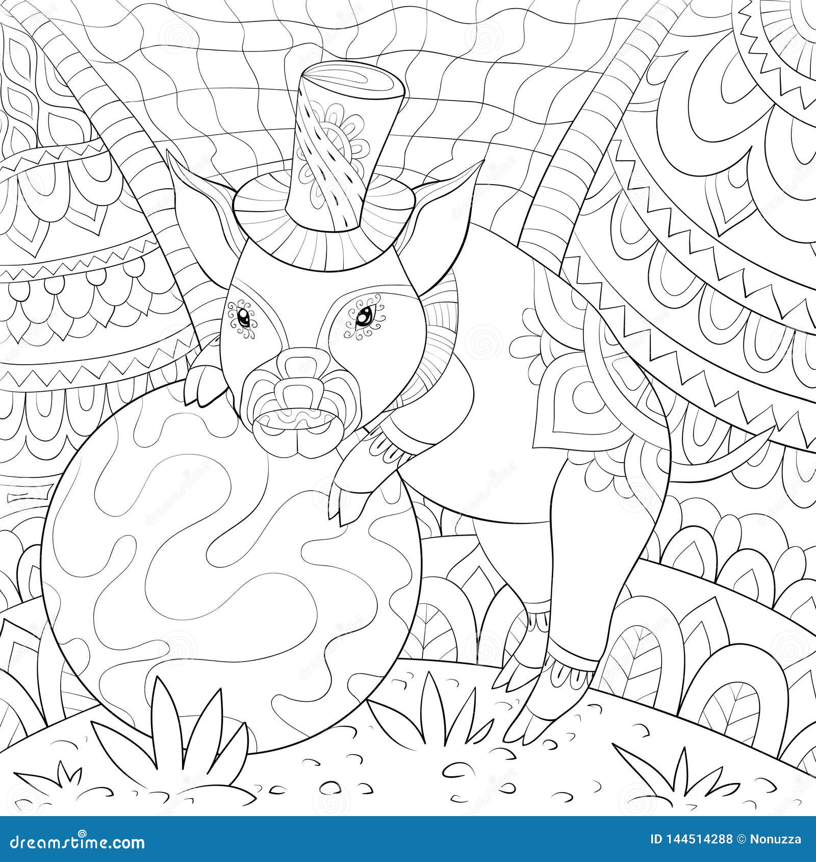 Download Adult Coloring Book,page A Cute Pig Wearing A Hat Near A ...