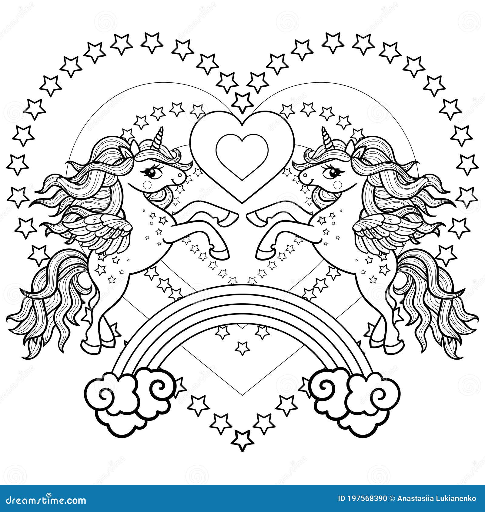 Adult Coloring Book,page Two Unicorns on the Background with Hearts and