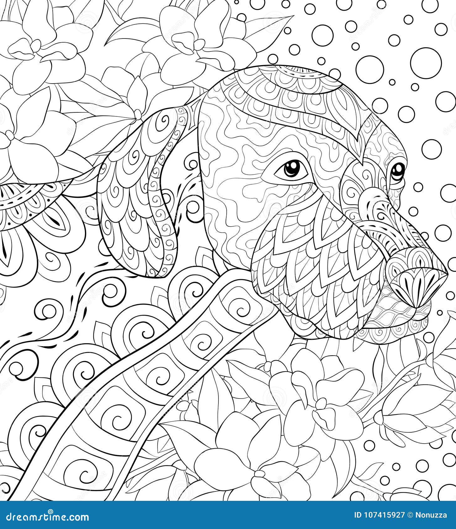 Adult Coloring Page A Cute Dog On The Floral Background ...