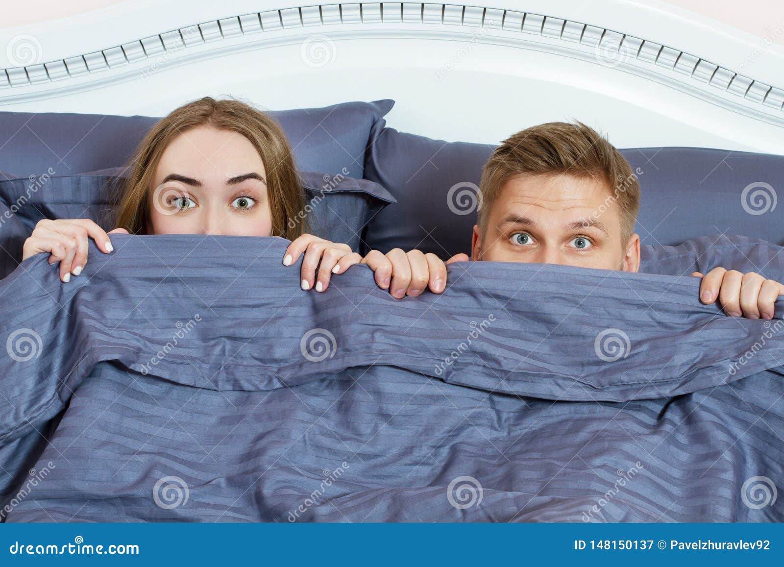 Adult Couple Hiding Under Blanket In Bed Couple In Bedroom In The Morning Stock Image Image