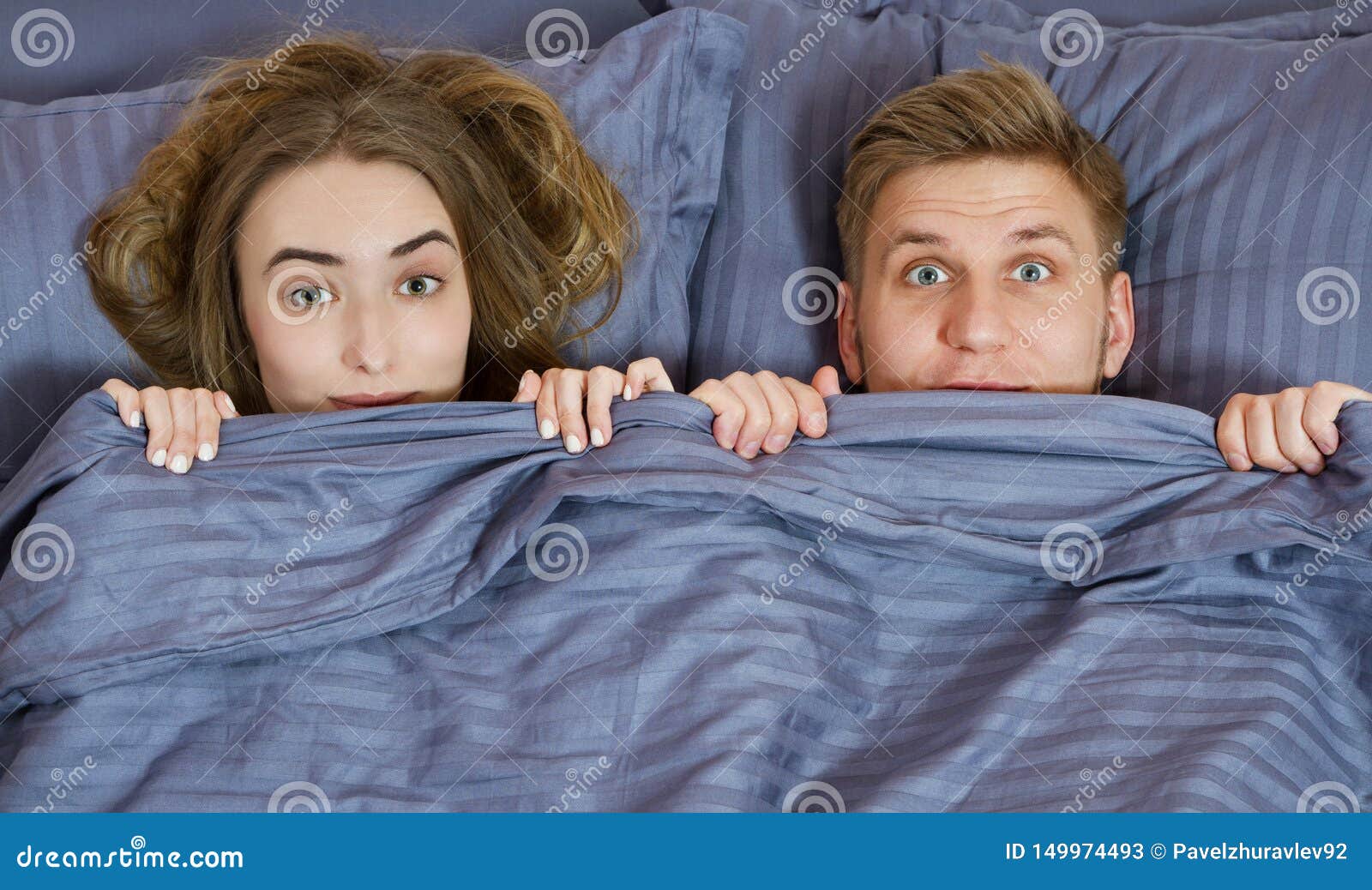 Adult Couple Hiding Under Blanket In Bed Couple In Bedroom In The Morning Stock Image Image