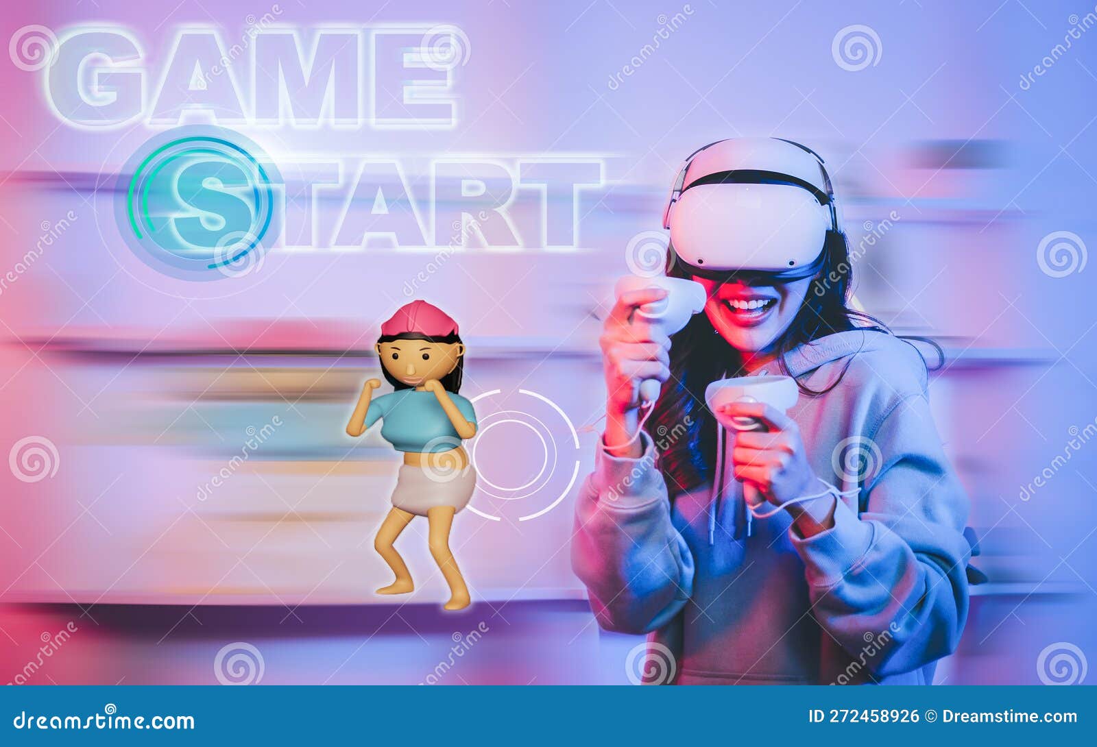 Adult Female Online Game Streamer in Social Media, Laughing, Wearing VR Virtual Reality Glass, Playing Boxing with 3d Cartoon, Stock Photo