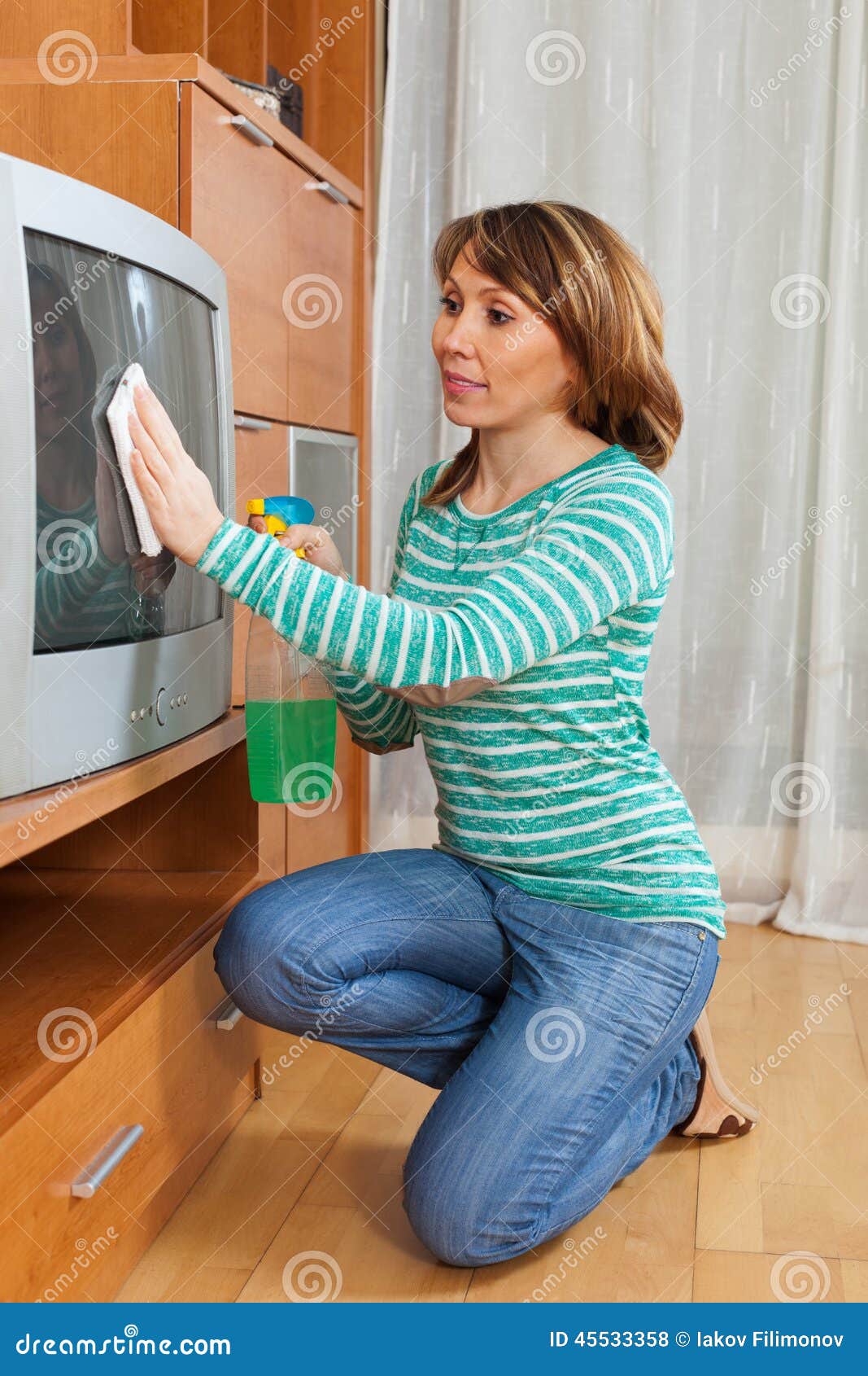 Adult Housewife Cleaning TV Stoc