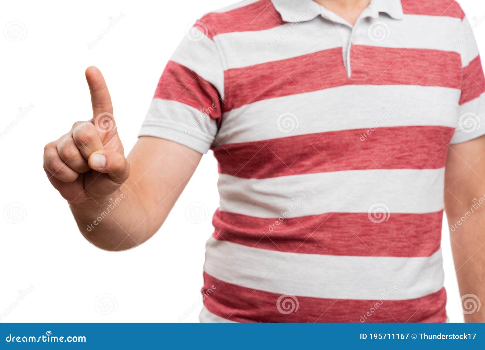 adult man close-up pointing index finger at copyspace screen