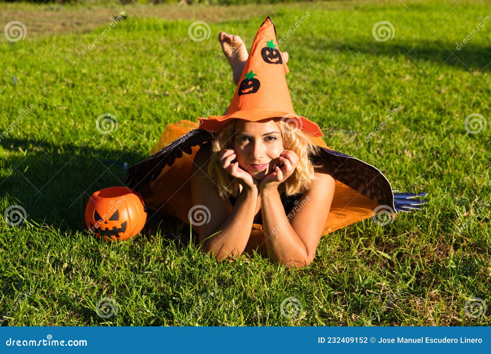 Adult Woman With Blonde Hair And A Bit Chubby In The Park Enjoying The Halloween Party The 