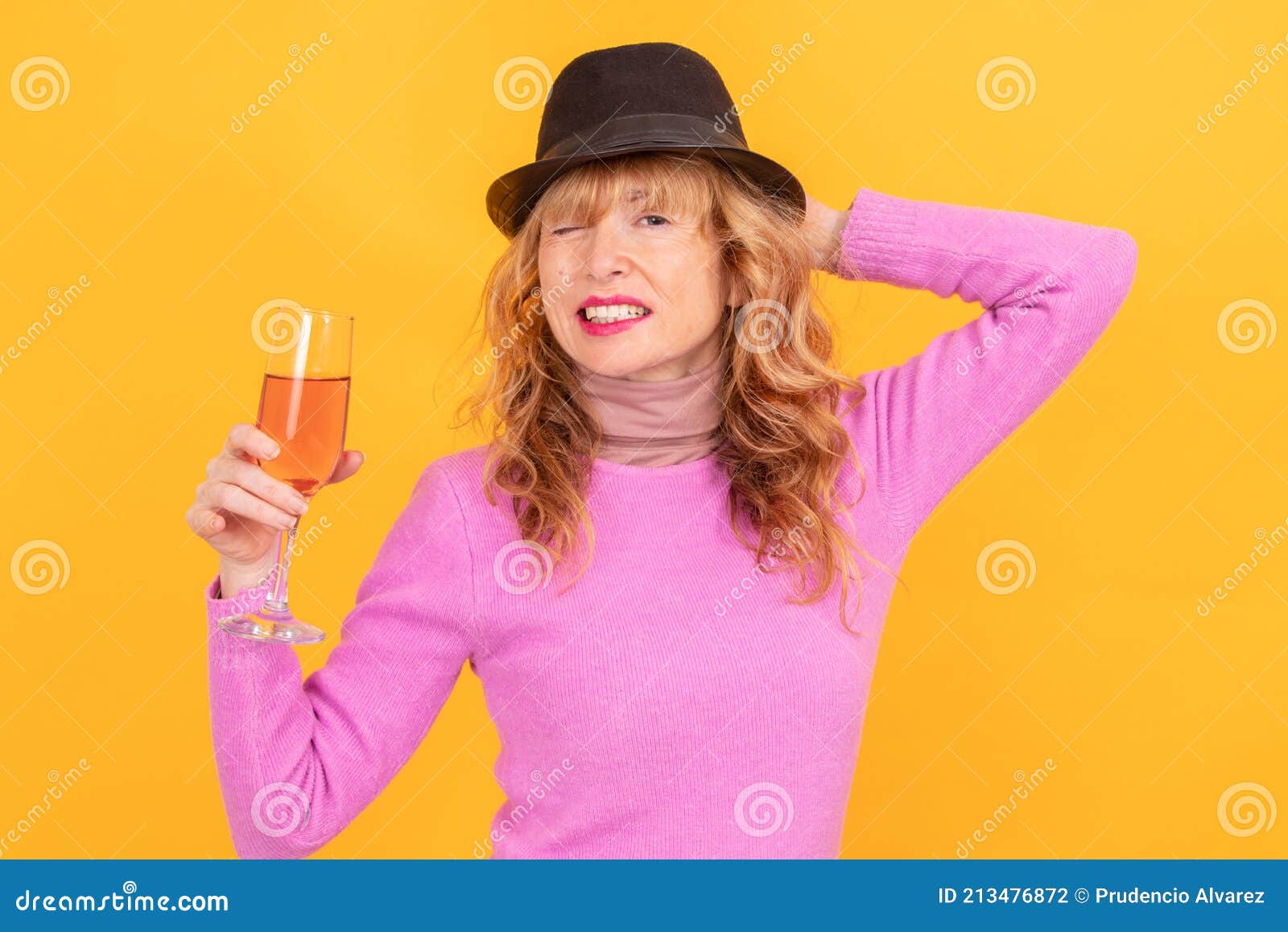 Adult Woman Smiling with Wine Glass Stock Photo - Image of copyspace ...