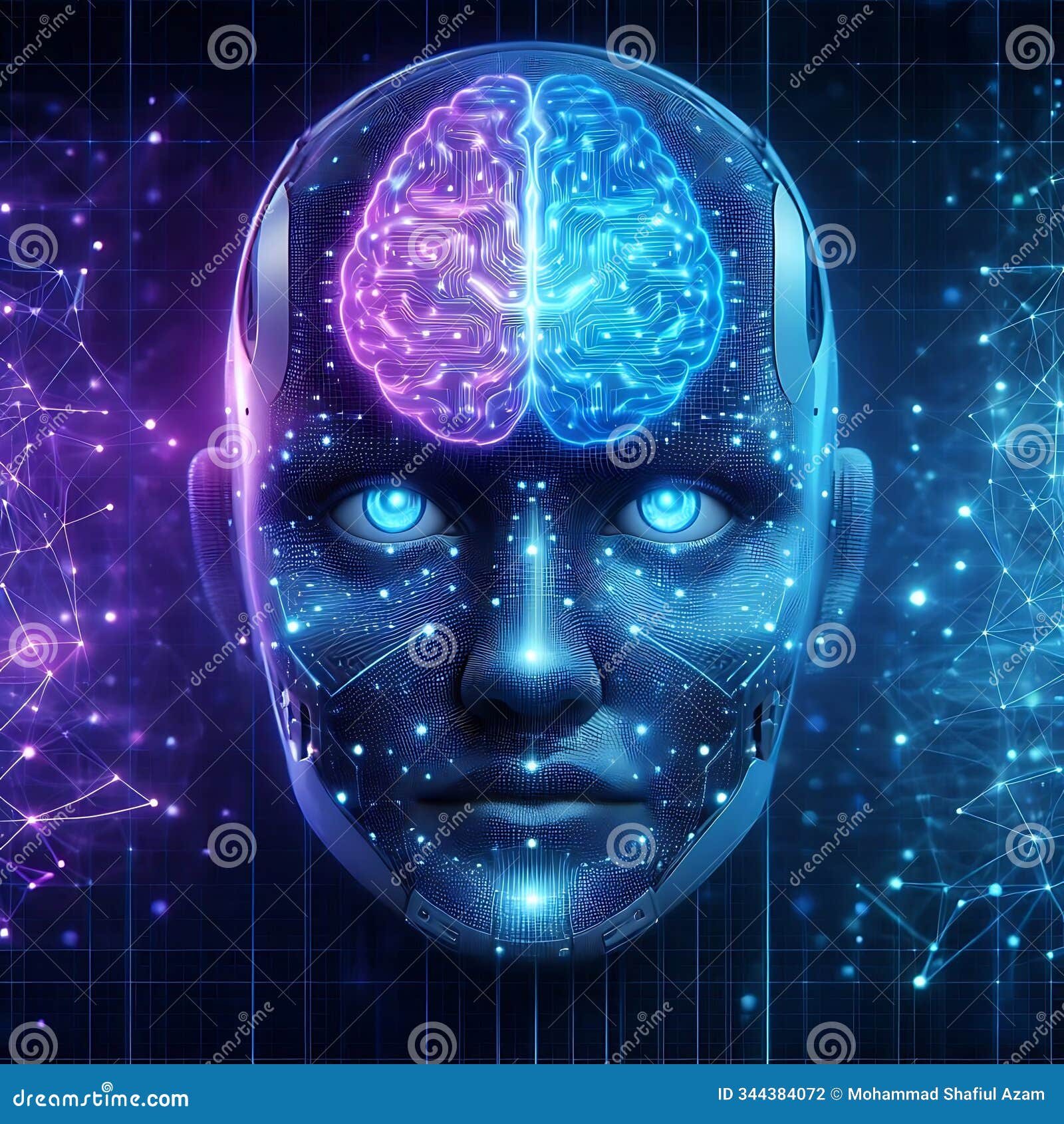 advanced ai robot face with neon neural patterns
