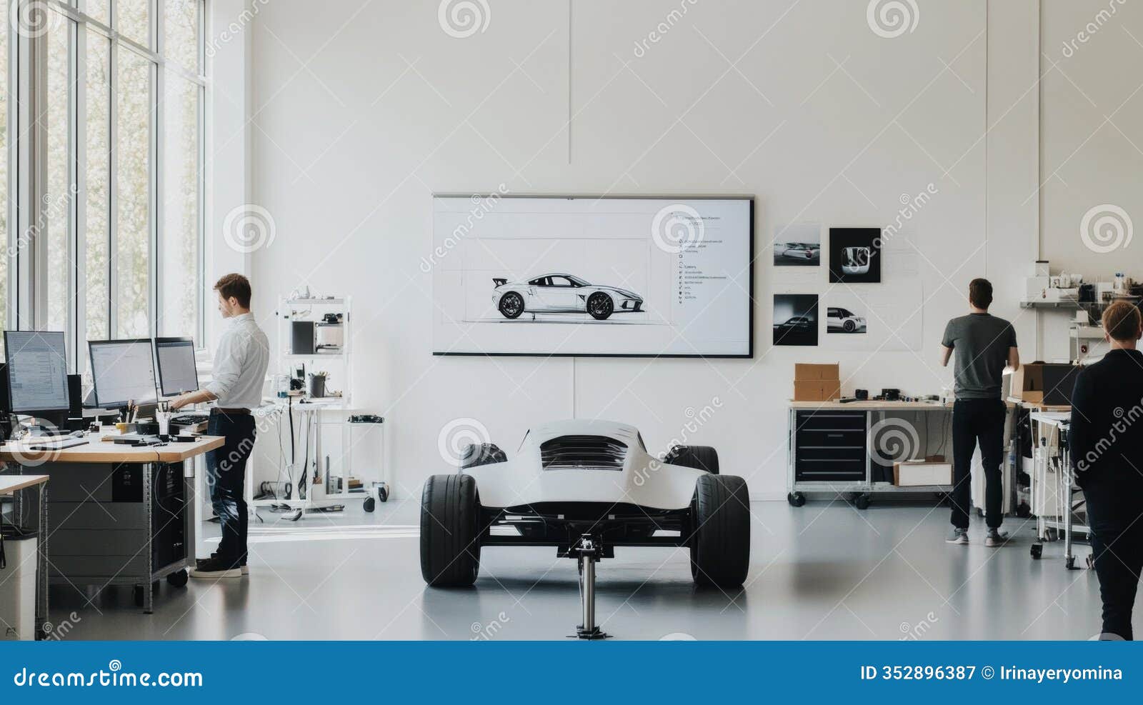 advanced automotive  lab with engineers working on a car prototype. modern workspace for precision vehicle