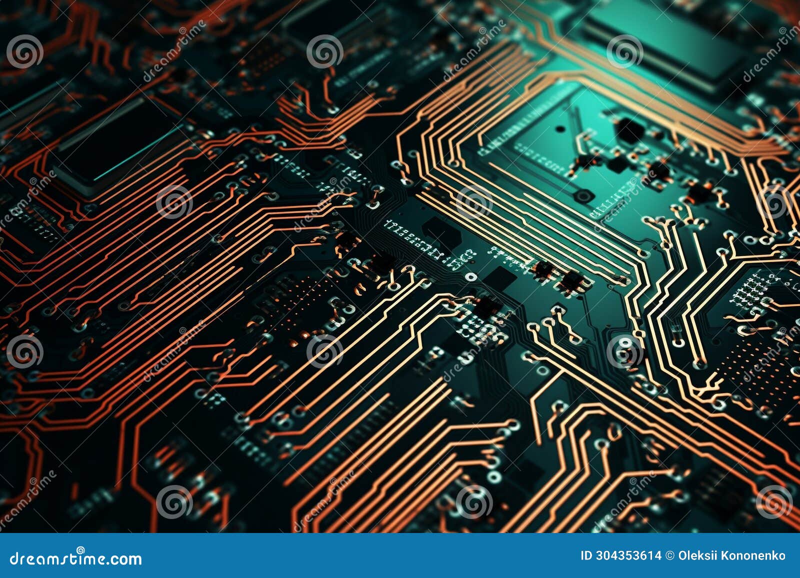 An Advanced Circuit Board with Intricate Gold and Copper Traces, Set on
