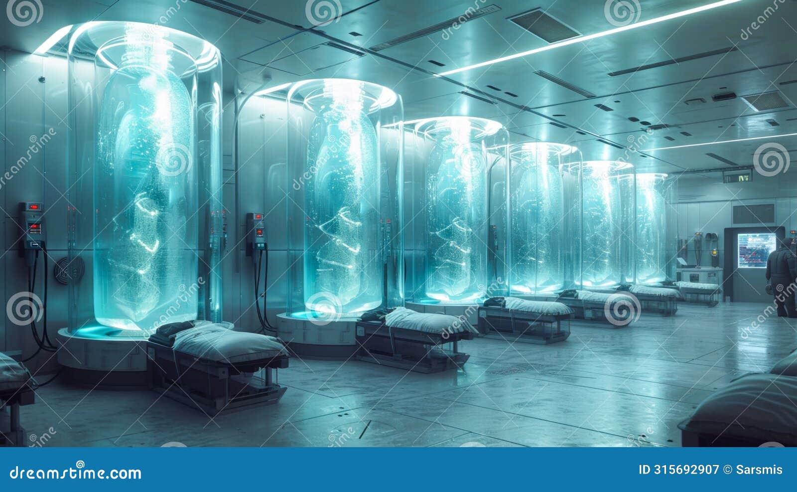 advanced cryogenic storage system with illuminated chambers in a tech facility. cryogenic chambers for freezing bodies