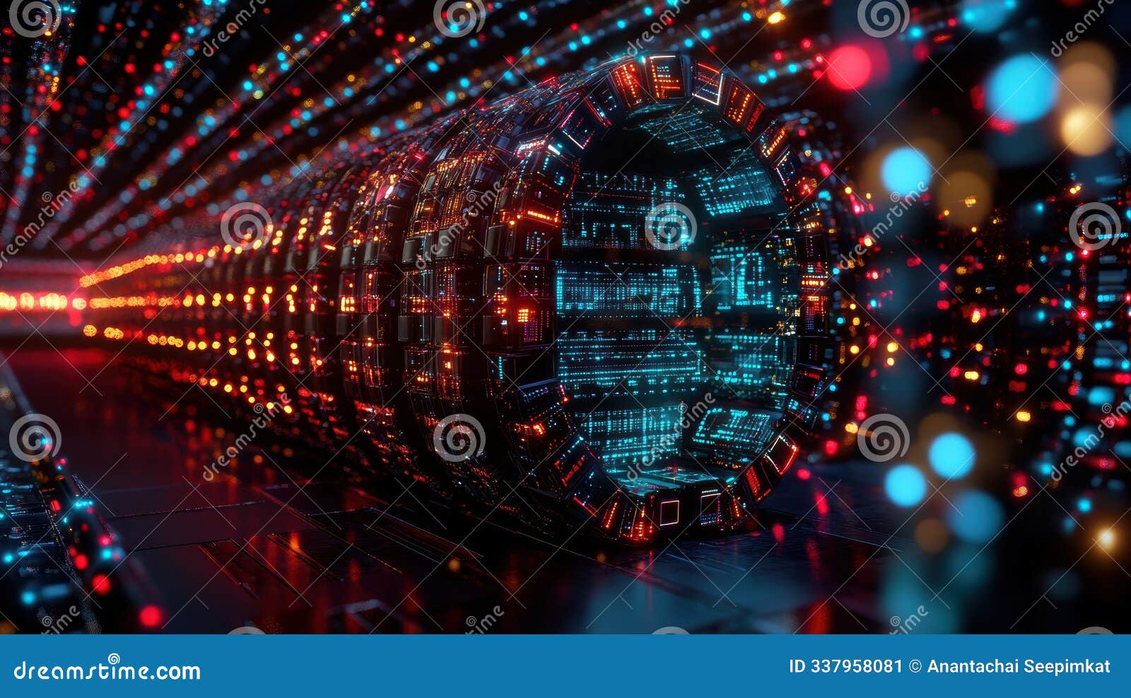 an advanced data center equipped with high-tech servers and glowing neon interfaces, representing the forefront of technology.