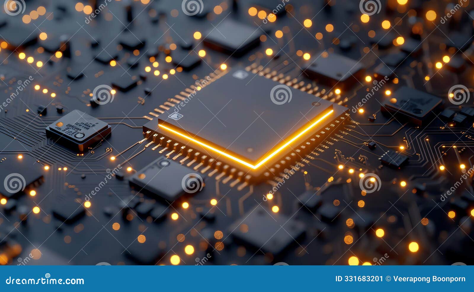 an advanced gpu ram microchip or cpu on a powerful computer board for artificial intelligence technology is shown in a wide banner