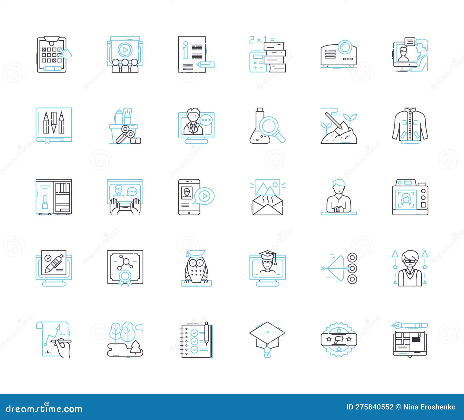 advanced learning linear icons set. mastery, expertise, adeptness, proficiency, sophistication, comprehension, fluency