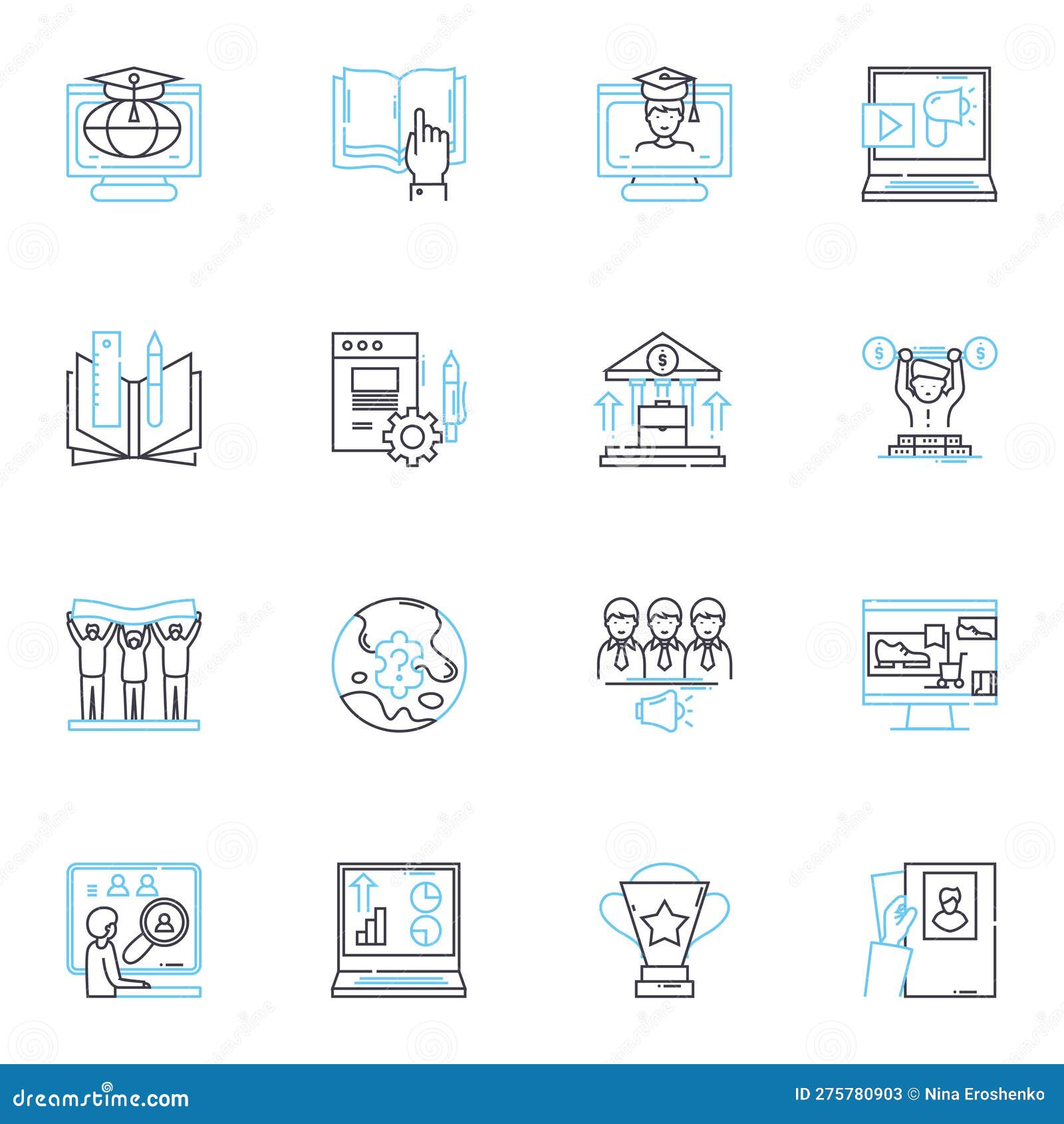 advanced learning linear icons set. mastery, expertise, skillfulness, ingenuity, brilliance, acumen, proficiency line