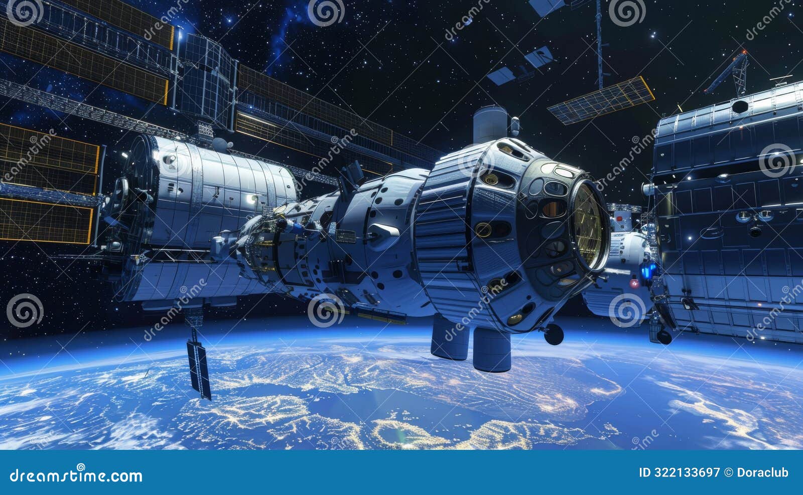an advanced space station equipped with modern technology orbits earth, with solar panels extended, ai generated