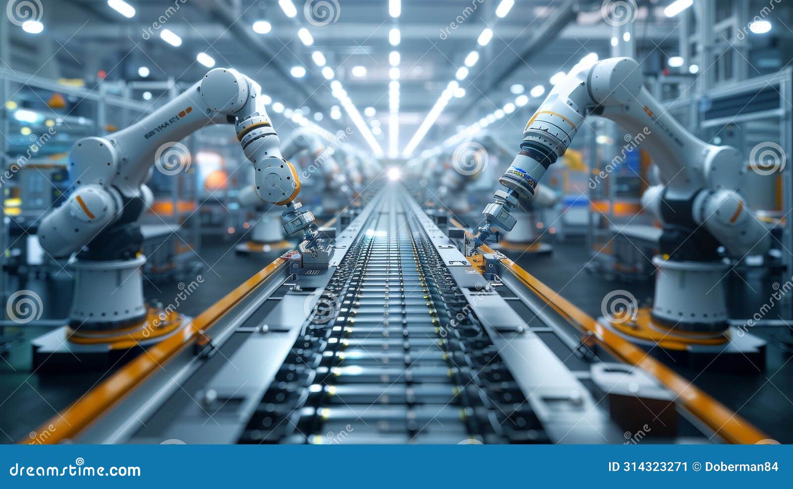 futuristic robotic arms working on an assembly line for nano-scale chips