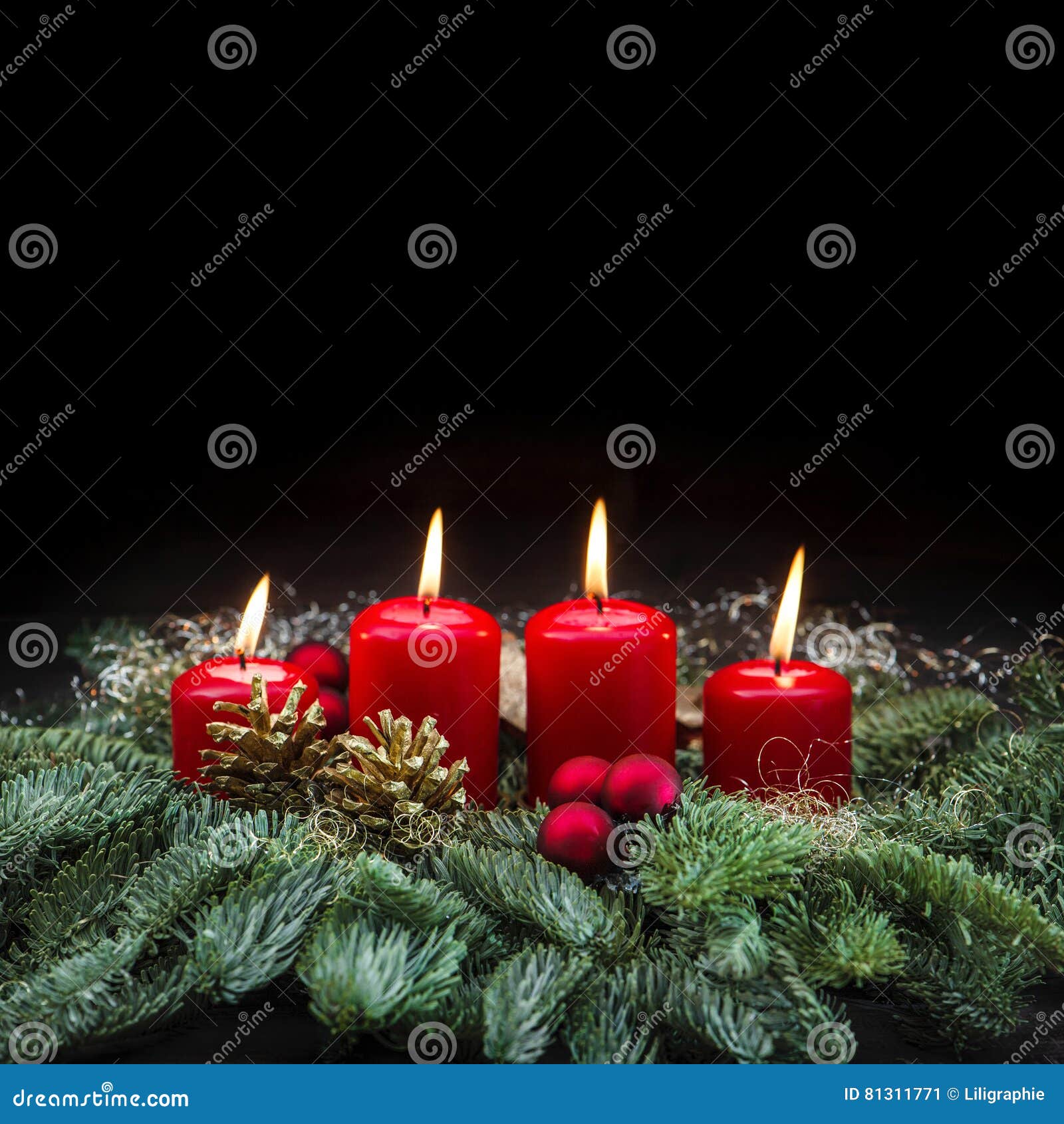 Advent Decoration Red Burning Candles Christmas Tree Black Stock Image