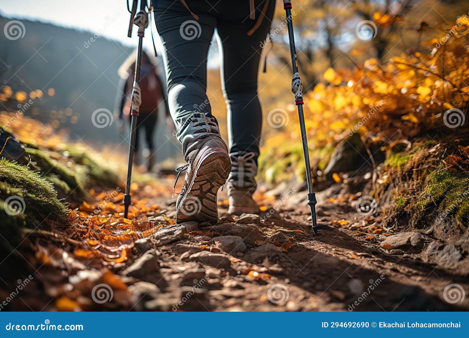 adventure seeker hiker woman ascends steep mountain trail with trekking sticks. created with generative ai