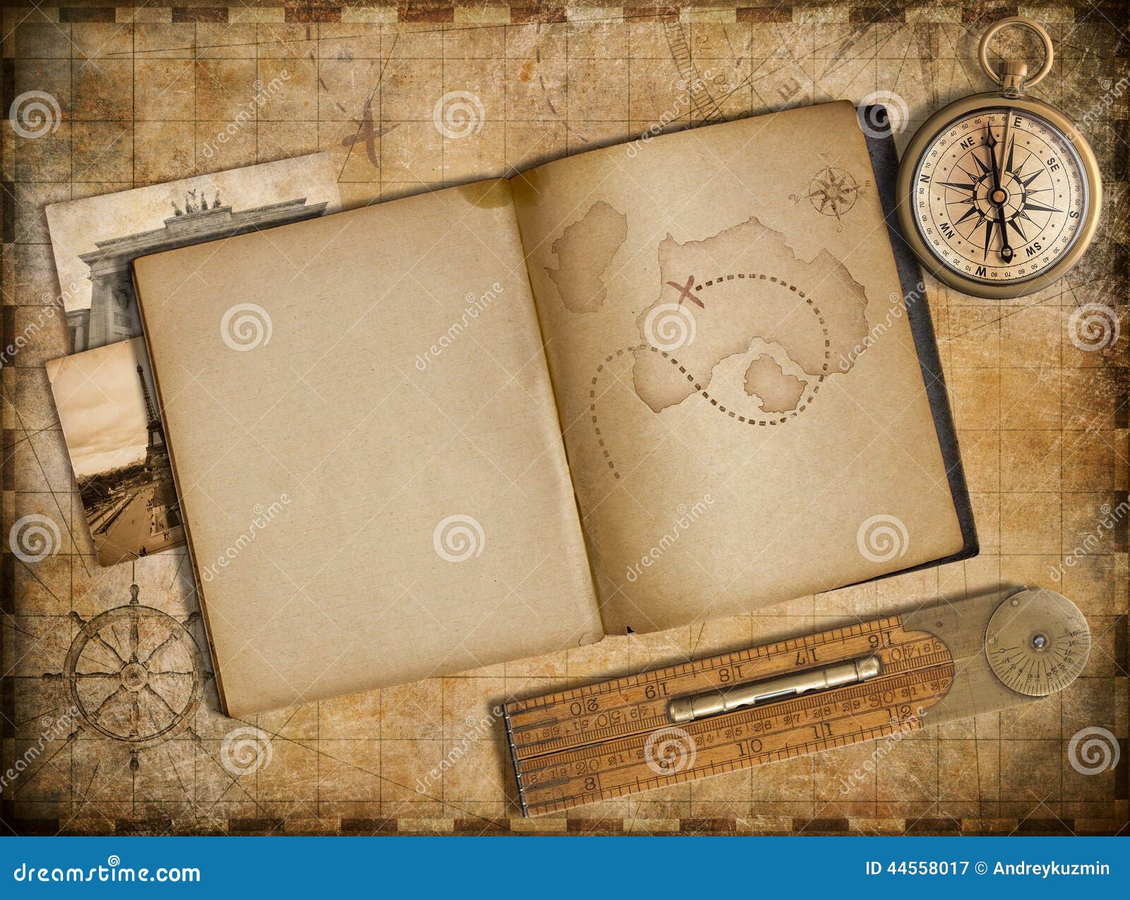 adventure and travel concept. vintage map, copybook and compass.