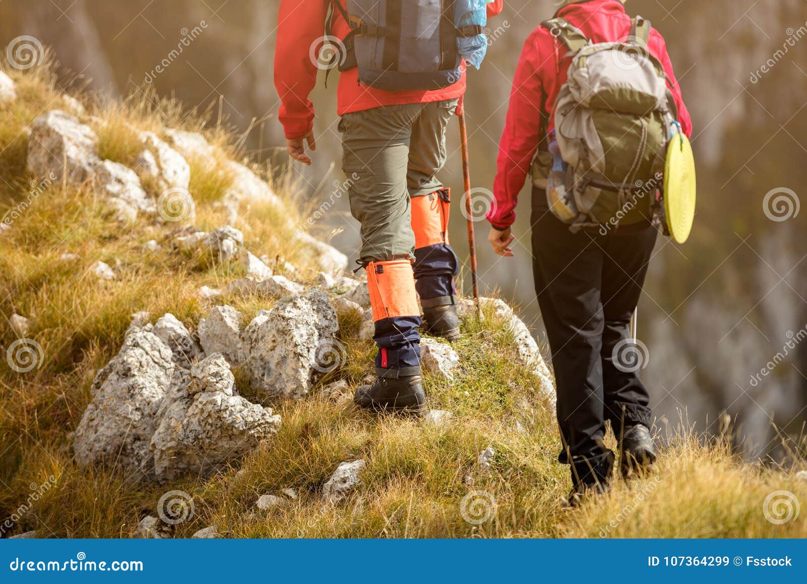 adventure, travel, tourism, hike and people concept - smiling couple walking with backpacks outdoors