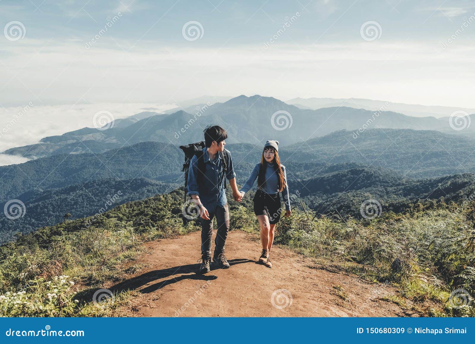 Adventures Couple Trail Hiking In The Forest Stock Image Image Of